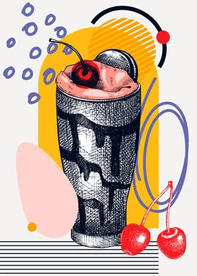 Collage style milkshake vector illustration. Sketched cocktail drawing. Trendy design with milkshake with cherry, geometric and abstract shapes. Sweet drink for print, poster, card, menu, wall art